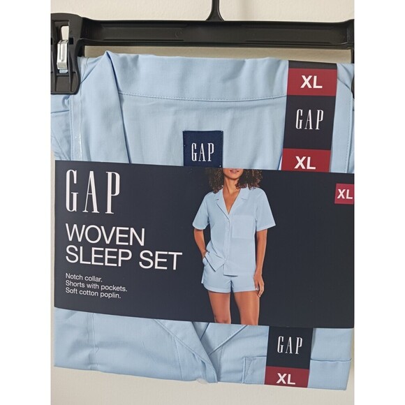 GAP Notch Collar Top & Short Woven Sleep Set Soft Cotton Poplin Blue XL - Picture 2 of 4